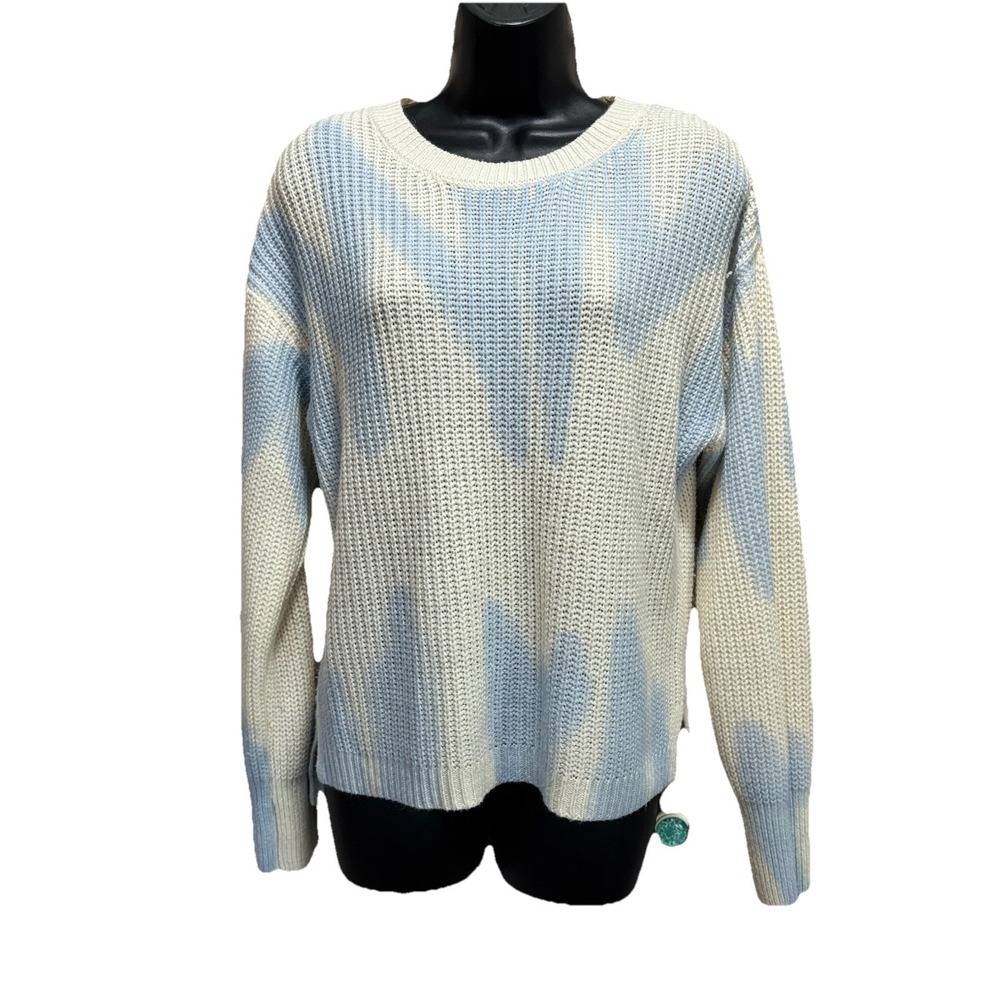 Rue 21 Cream/Blue Tie Dye Sweater Long Sleeve Size Medium Chunky Knit Side Slits